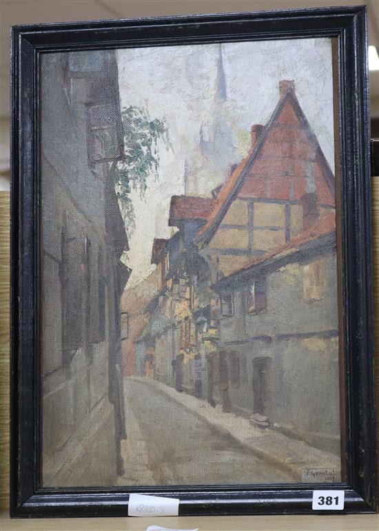 F. Genutat, oil on canvas board, Altre Gasse - Frankfurt, signed and dated 1897, 46 x 31cm